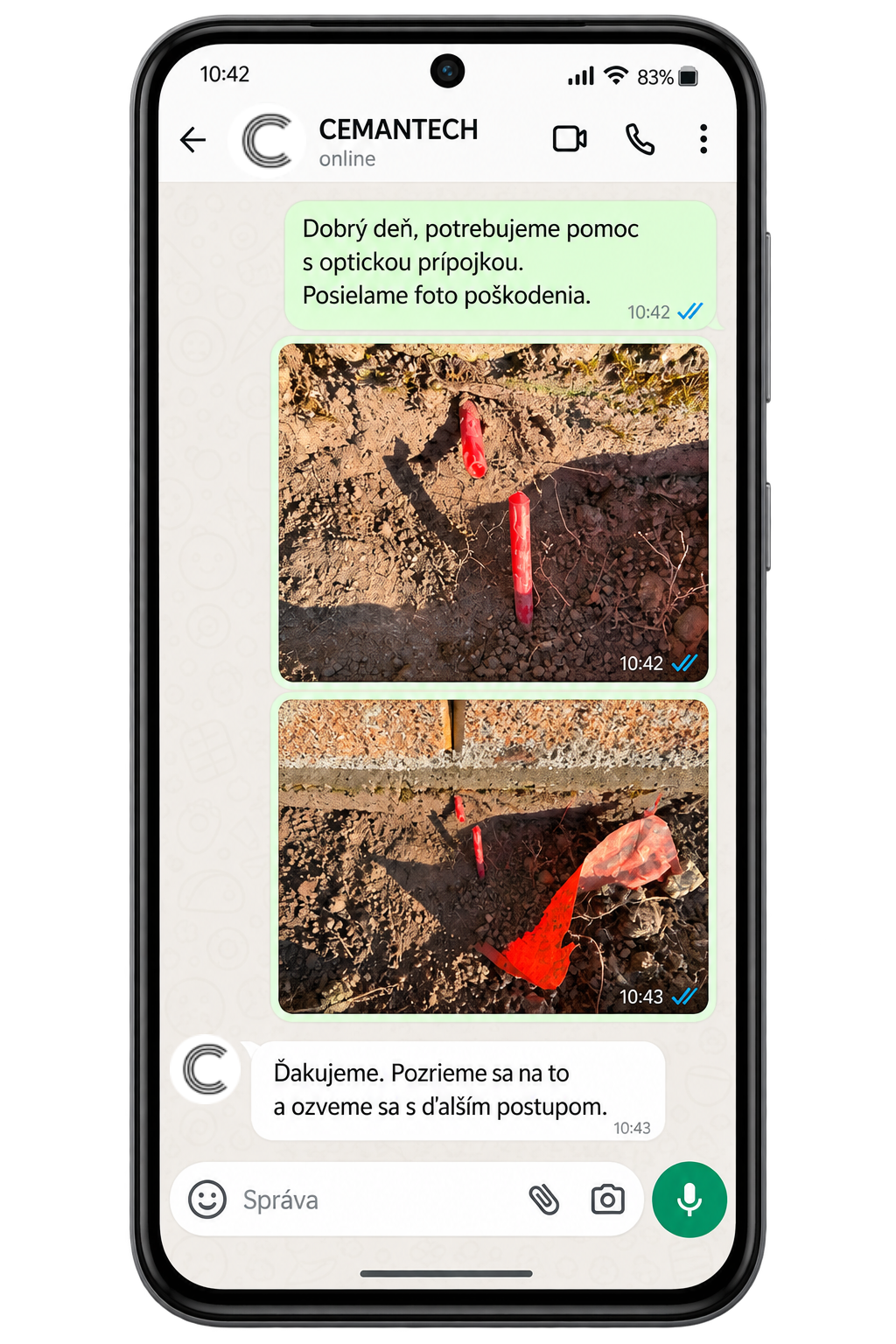 Ukážka WhatsApp konverzácie – zákazník posiela fotky poškodenia optickej prípojky